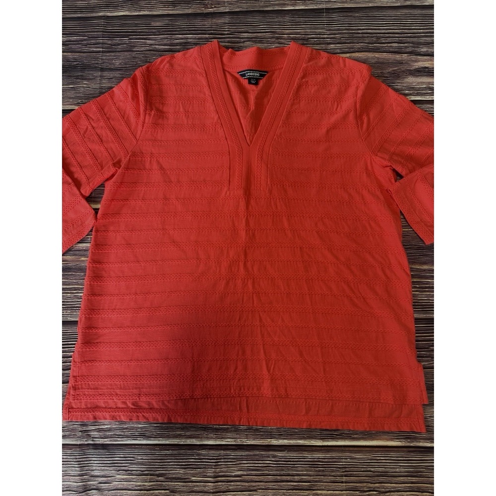 Land's End Textured Shirt Women's Size L Tunic Orange Coral Colar 3/4 Sleeve